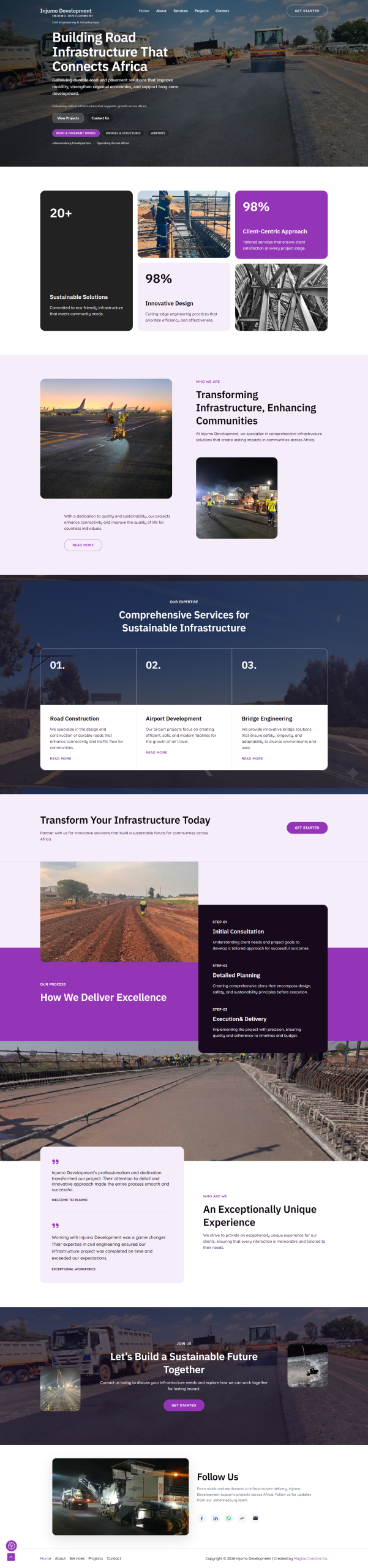 Full-page screenshot of the Injumo Development website homepage built by Magida Creative Co.