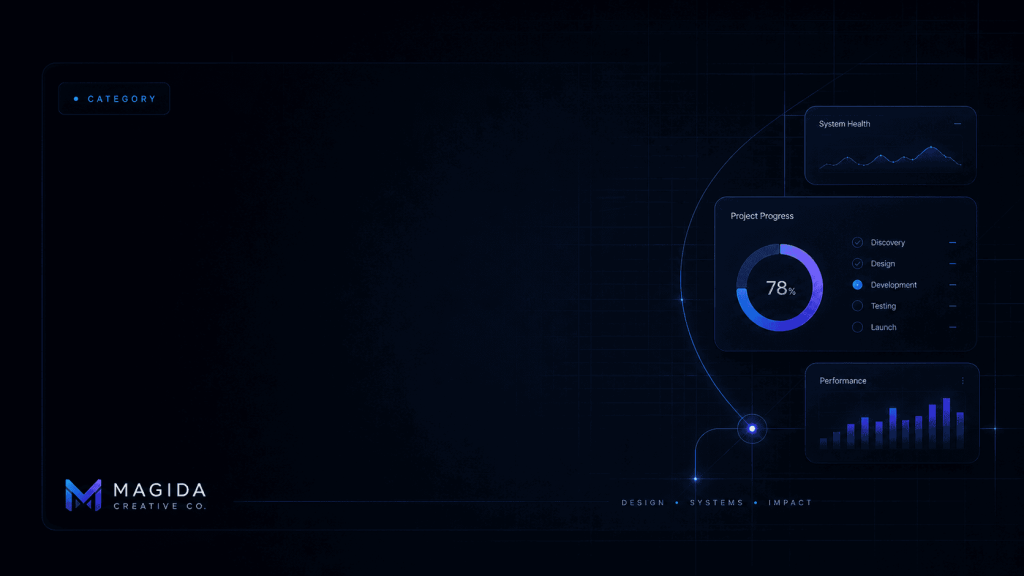 Dark studio workspace with laptop, wireframe sketches, and Magida Creative Co. brand details.