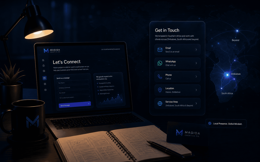 Dark contact interface showing email, WhatsApp, phone, location, and service area details for Magida Creative Co.