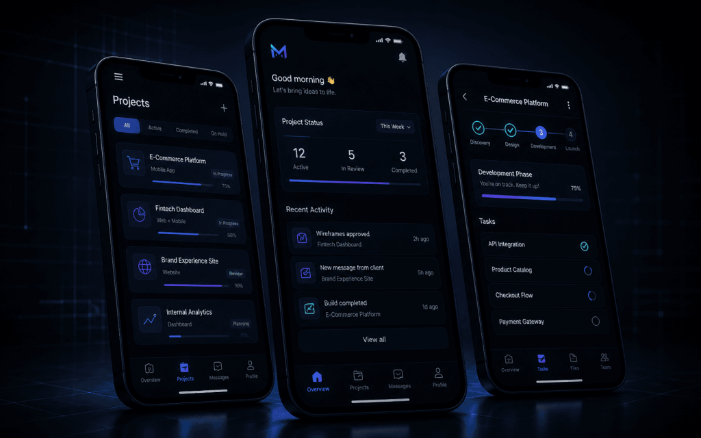 Premium mobile app development mockup with dark app screens for business projects by Magida Creative Co.