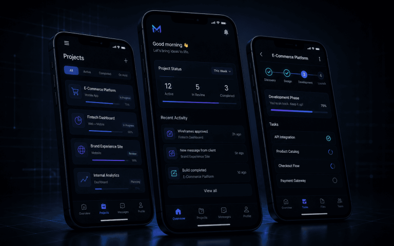 Premium mobile app development mockup with dark app screens for business projects by Magida Creative Co.