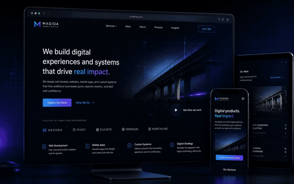 Dark website development mockup showing a custom business website interface by Magida Creative Co.